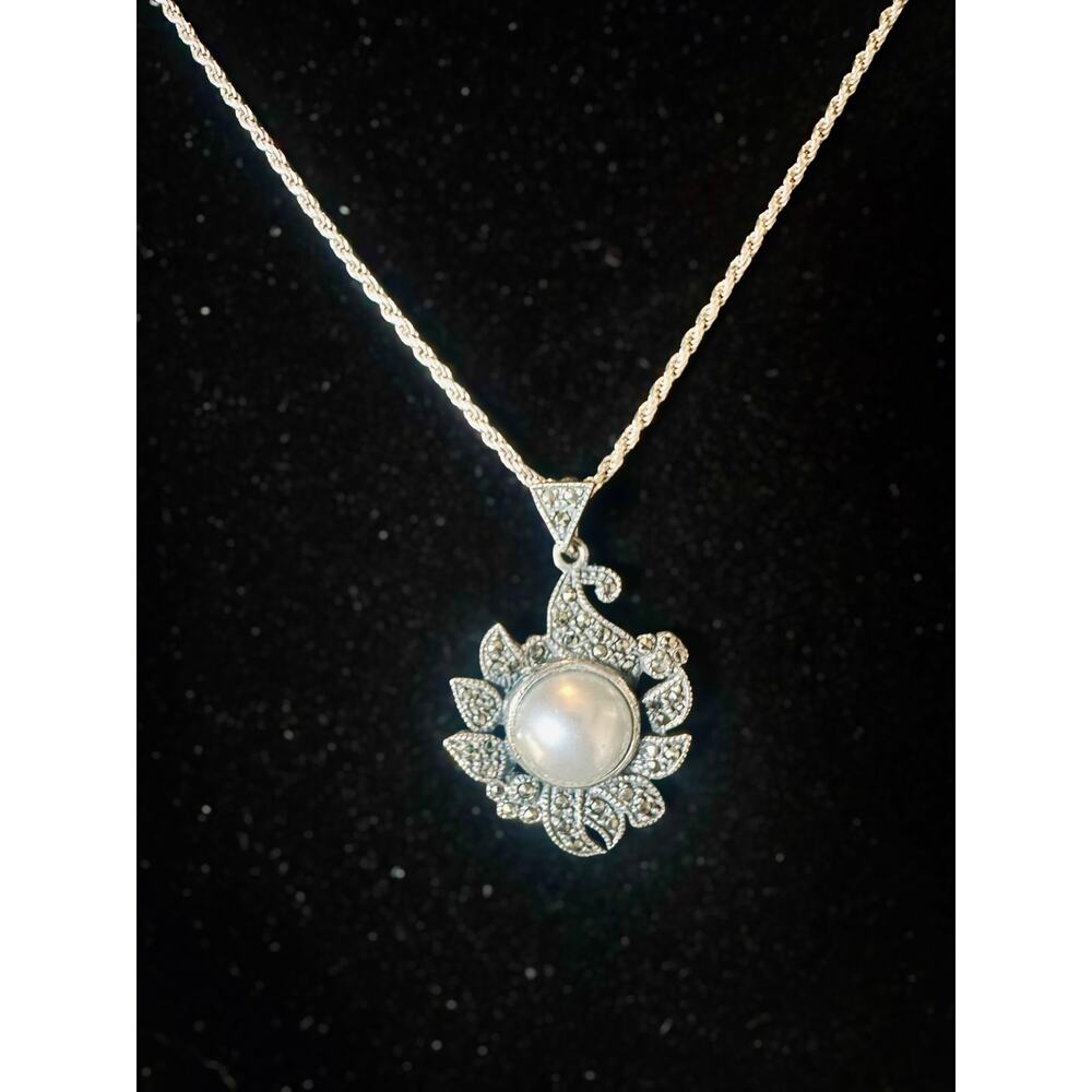 Vintage Sterling Silver Italy 925 Rope Chain Necklace with Faux Pearl - Picture 3 of 4